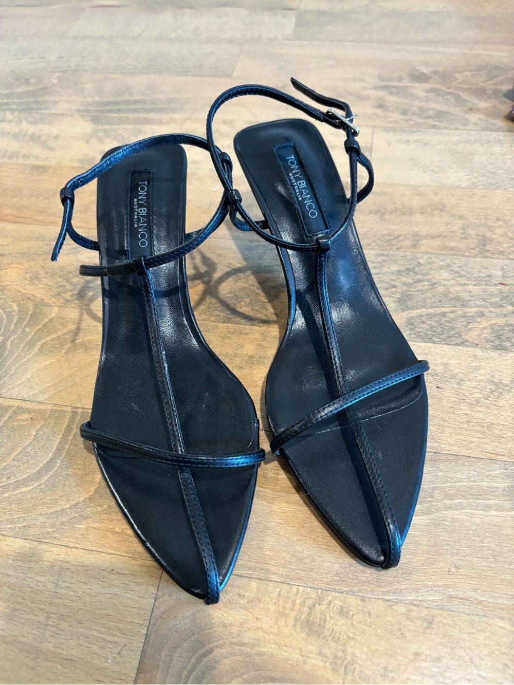 Tony Bianco Black Strappy Pointed T‑Bar Sandals